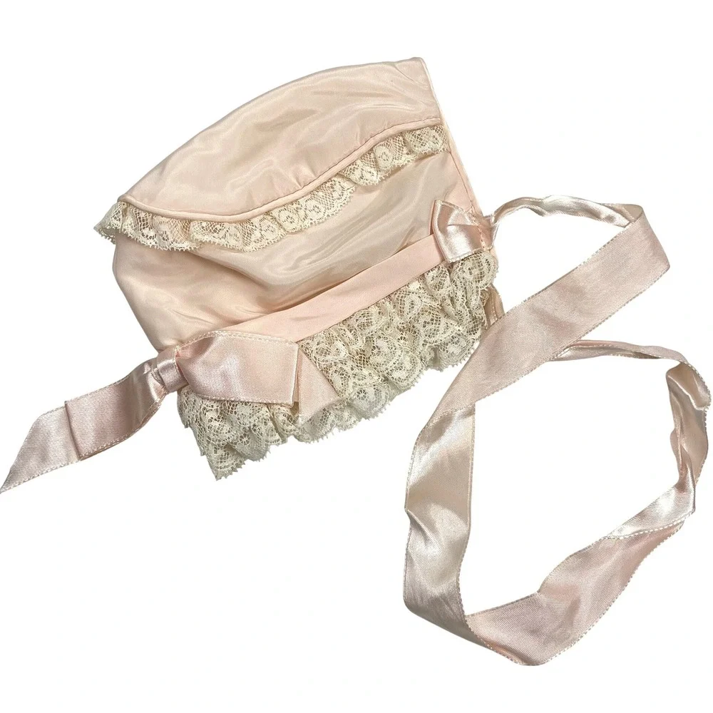 Vintage Baby Bonnet Girl Pink Satin Lace Ruffle Ribbon Tie Baptism Formal